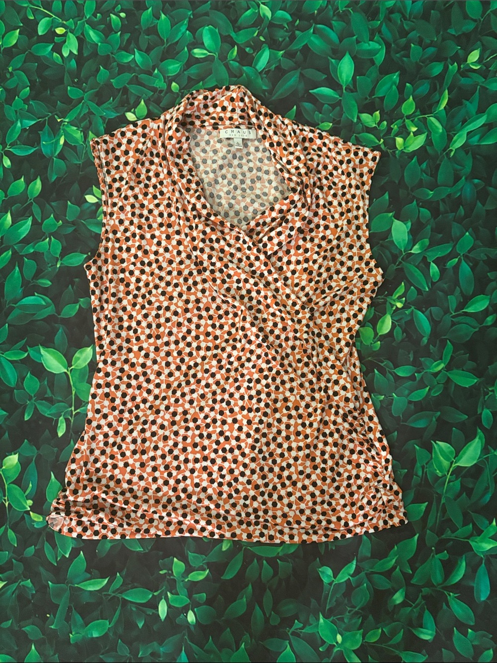 Chaus Sleeveless Orange & Black Polka-Dot Wrap Tunic